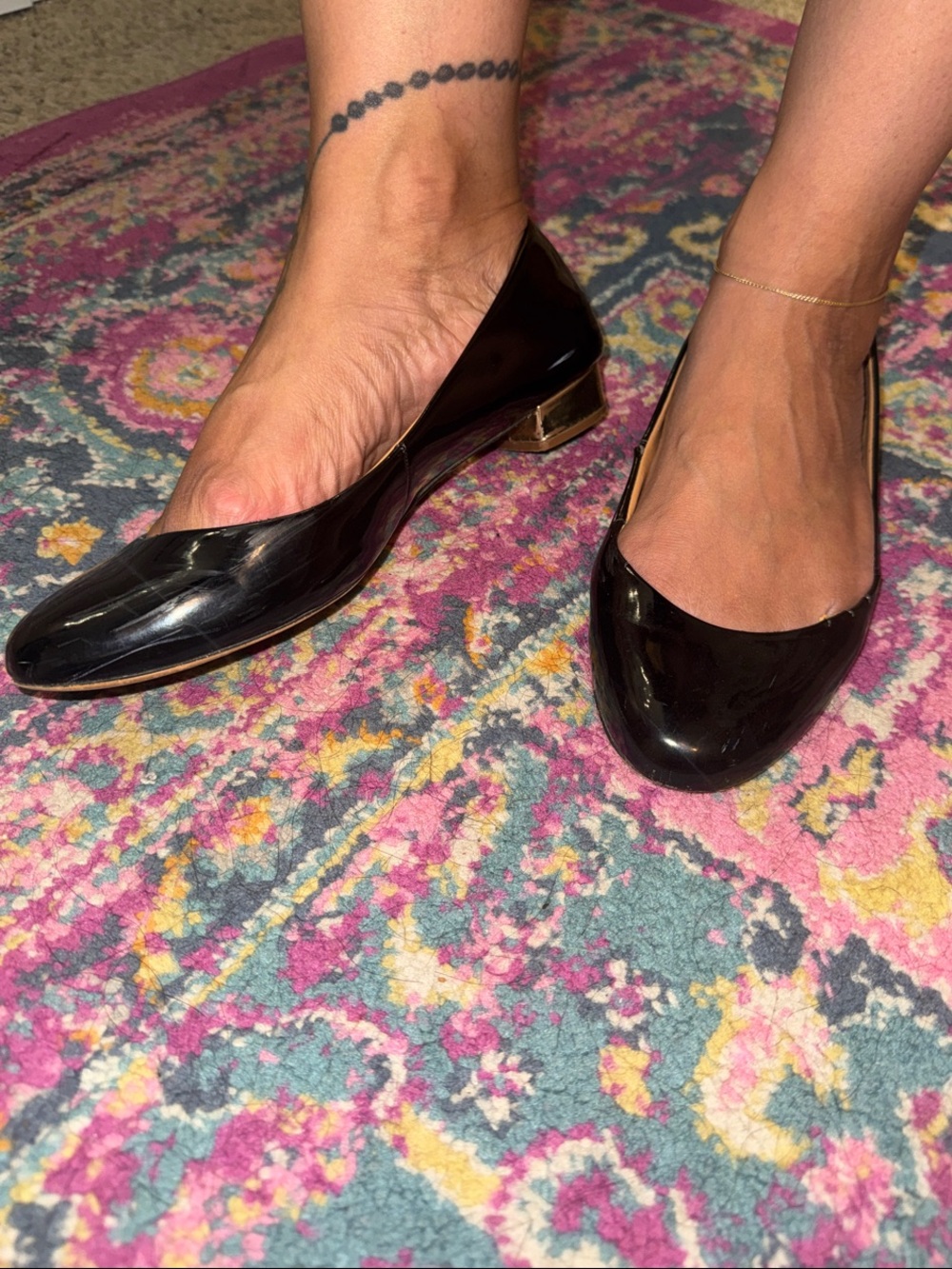 Black Flats With Gold Block Heel